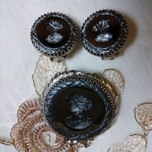 Whiting and Davis black cameo earrings brooch set